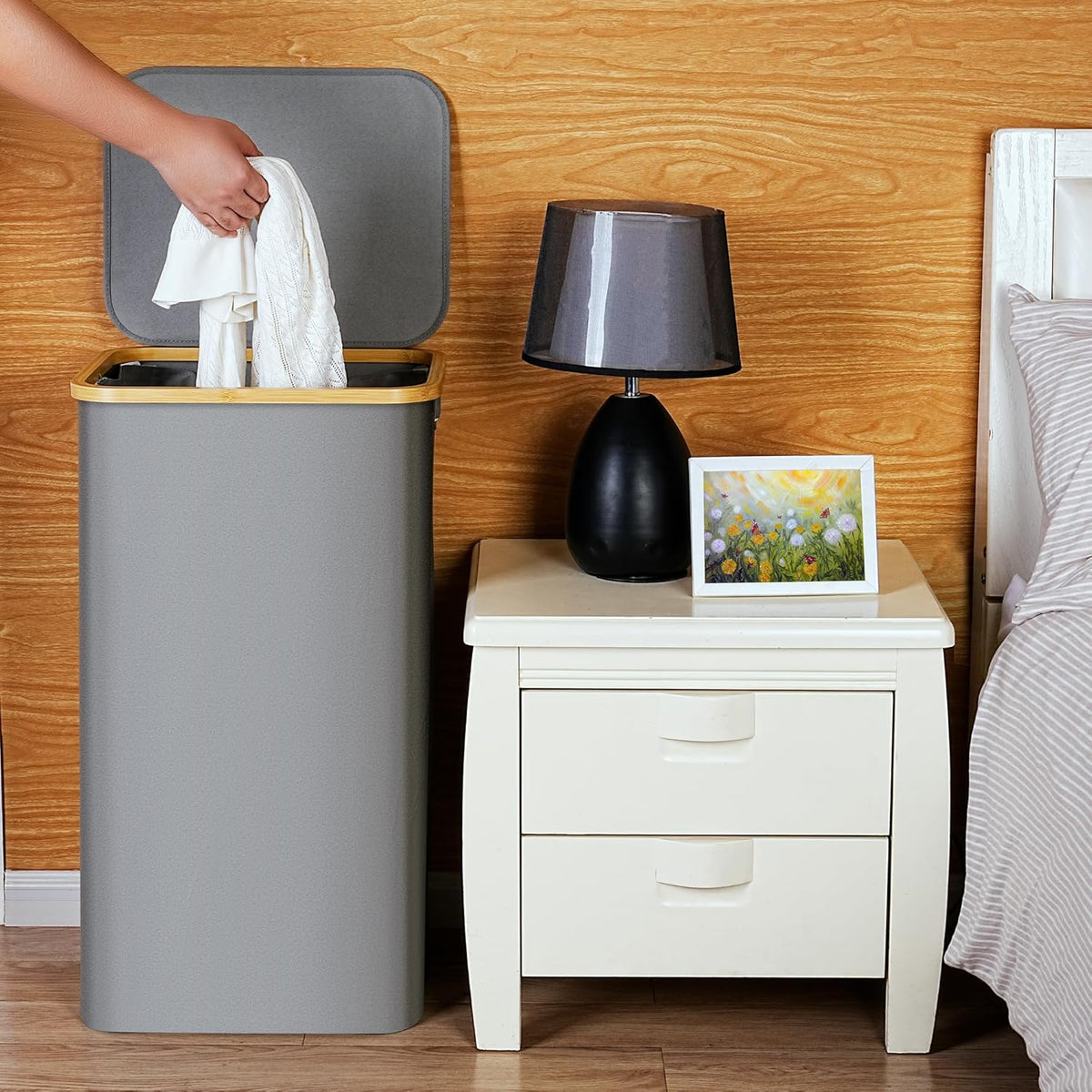 efluky Laundry Basket with Lid and Removable Bag, 100L Tall Laundry Hamper with Bamboo Handles