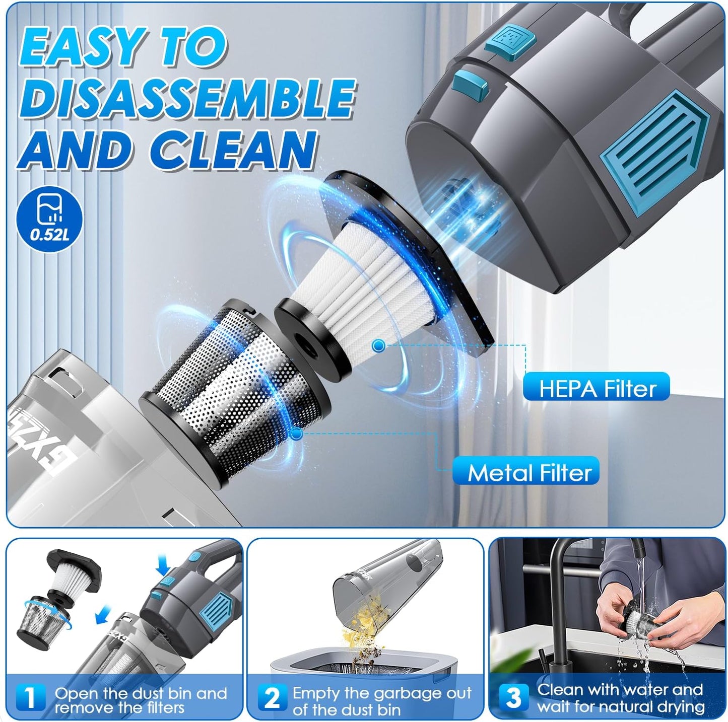 Handheld Vacuum Cordless, 15000PA Strong Suction Hand Held Car Vacuum Cleaner Rechargeable