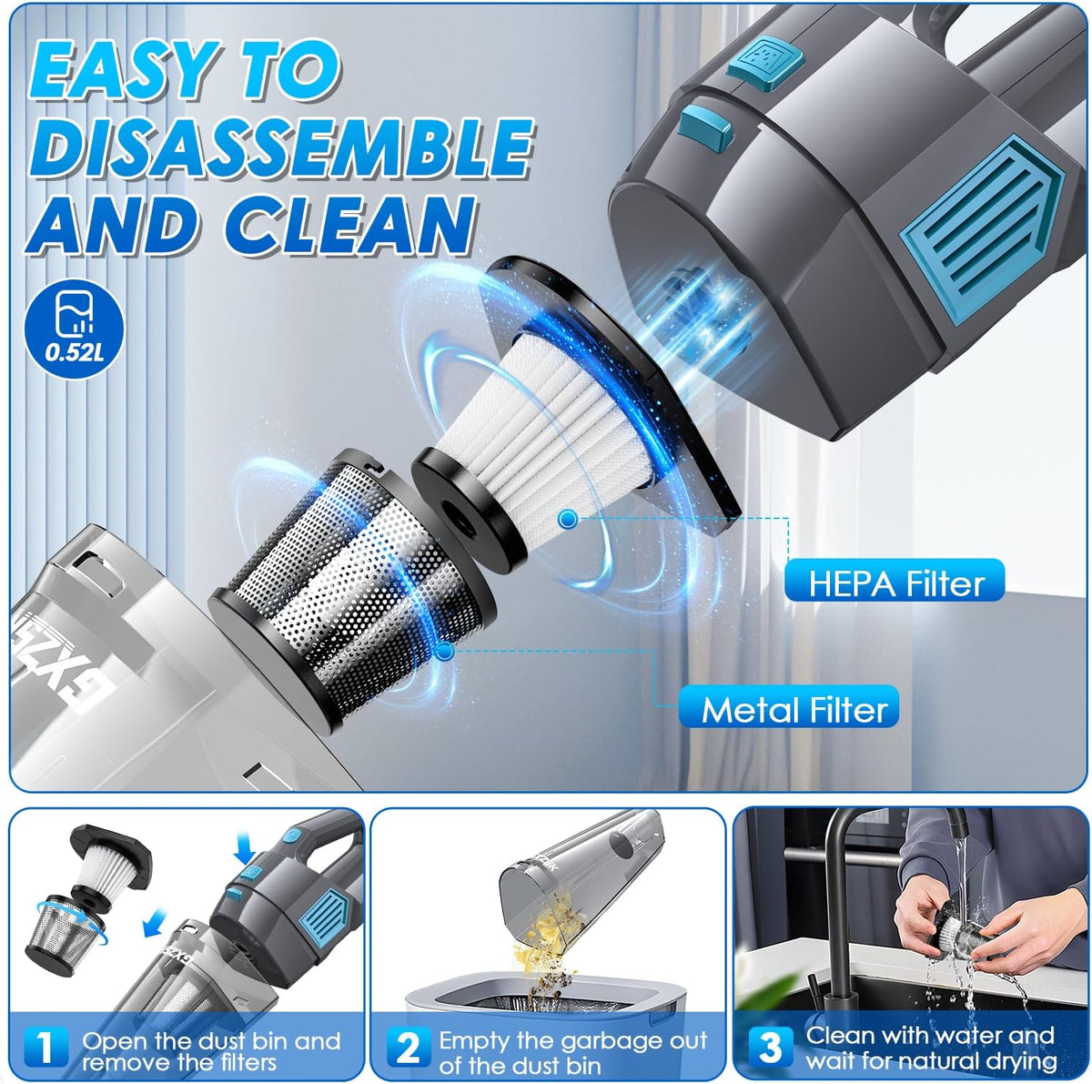 Handheld Vacuum Cordless, 15000PA Strong Suction Hand Held Car Vacuum Cleaner Rechargeable