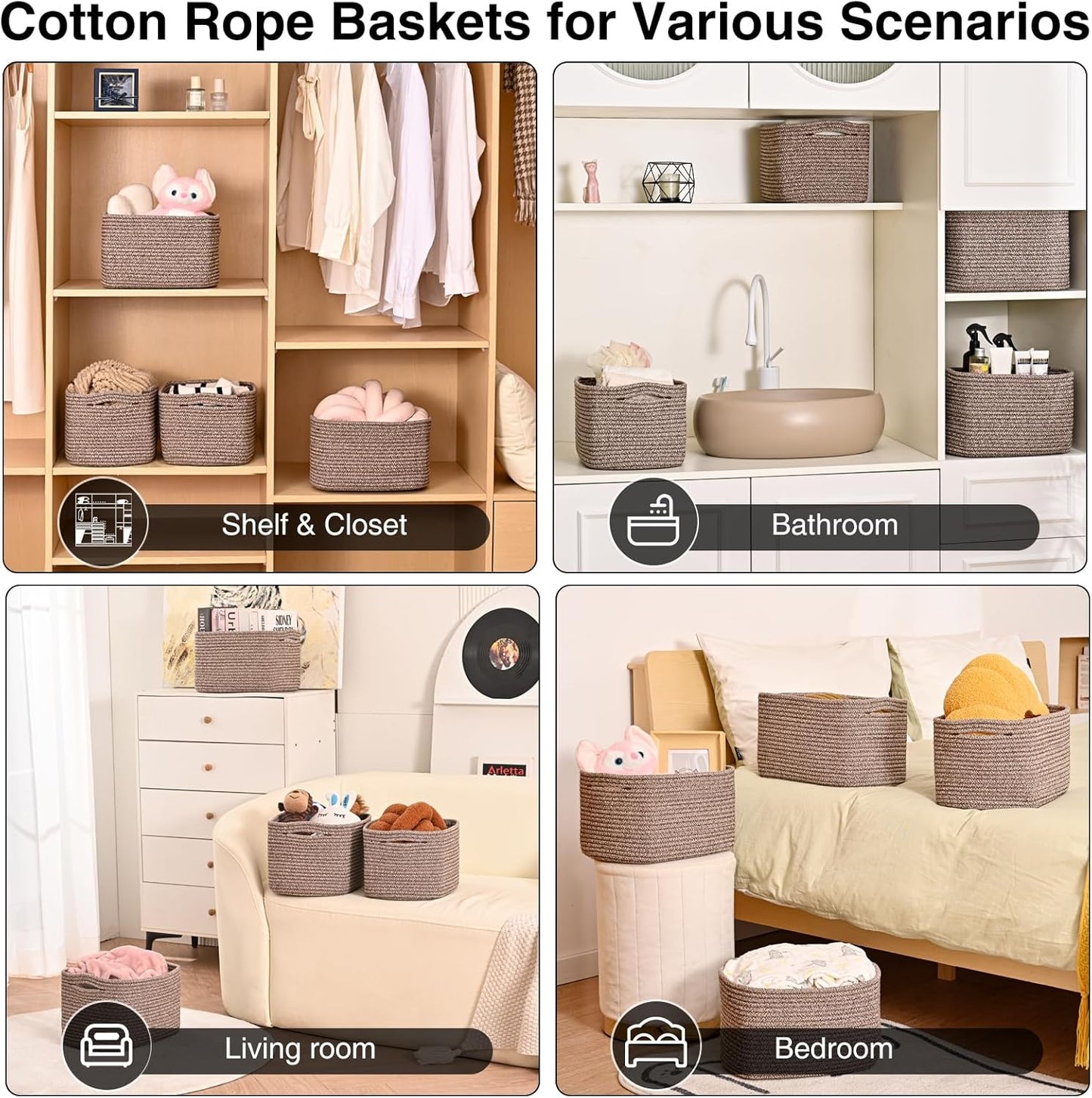 Small Storage Baskets for Organizing Shelves, Cotton Rope Basket for Storage, Cute Rectangular Book