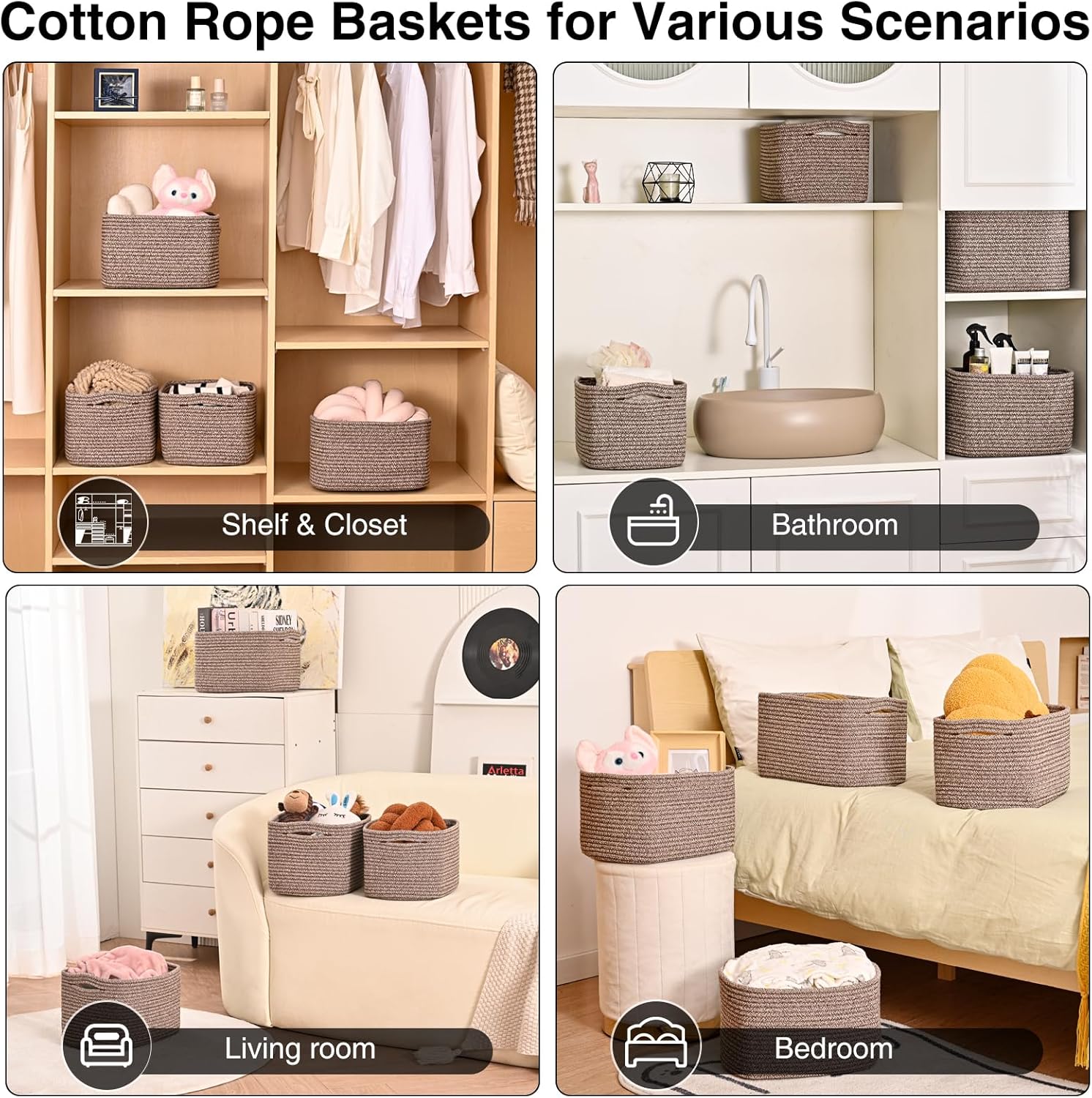 Small Storage Baskets for Organizing Shelves, Cotton Rope Basket for Storage, Cute Rectangular Book