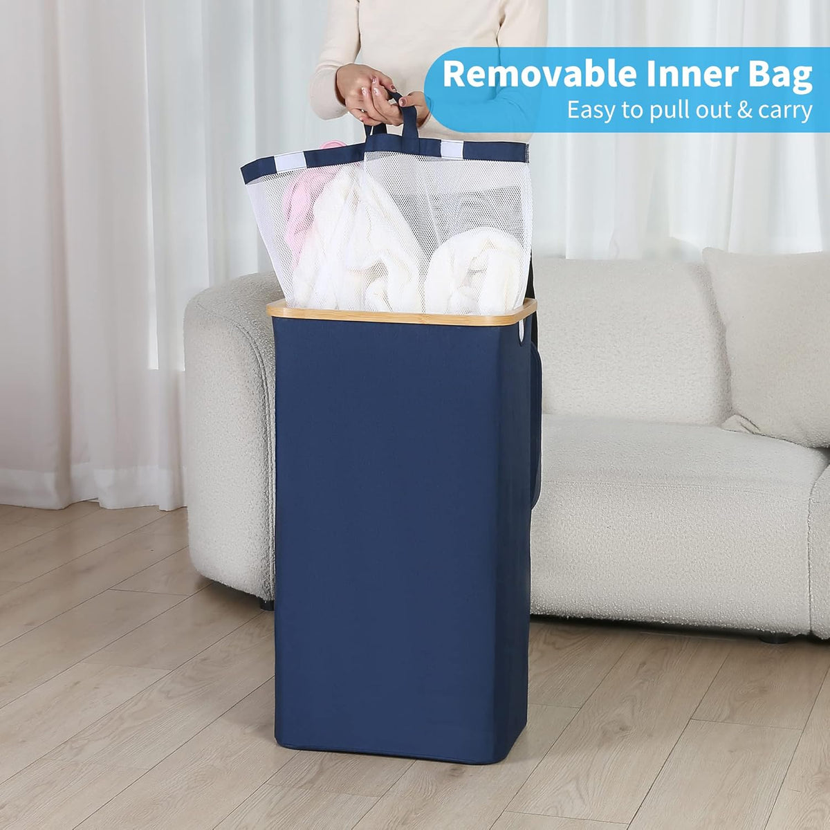 efluky Laundry Basket with Lid and Removable Bag, 100L Tall Laundry Hamper with Bamboo Handles