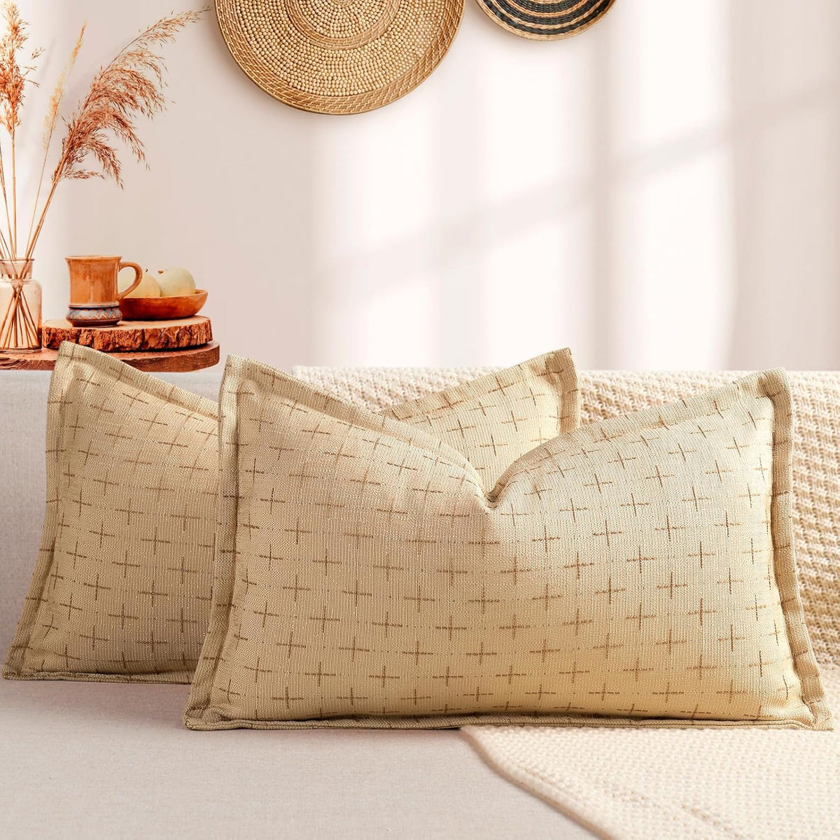 ZWJD 12x20 Pillow Covers Set of 2 Soft Polyester Textured Pillow Covers with Stylish Flange Edge
