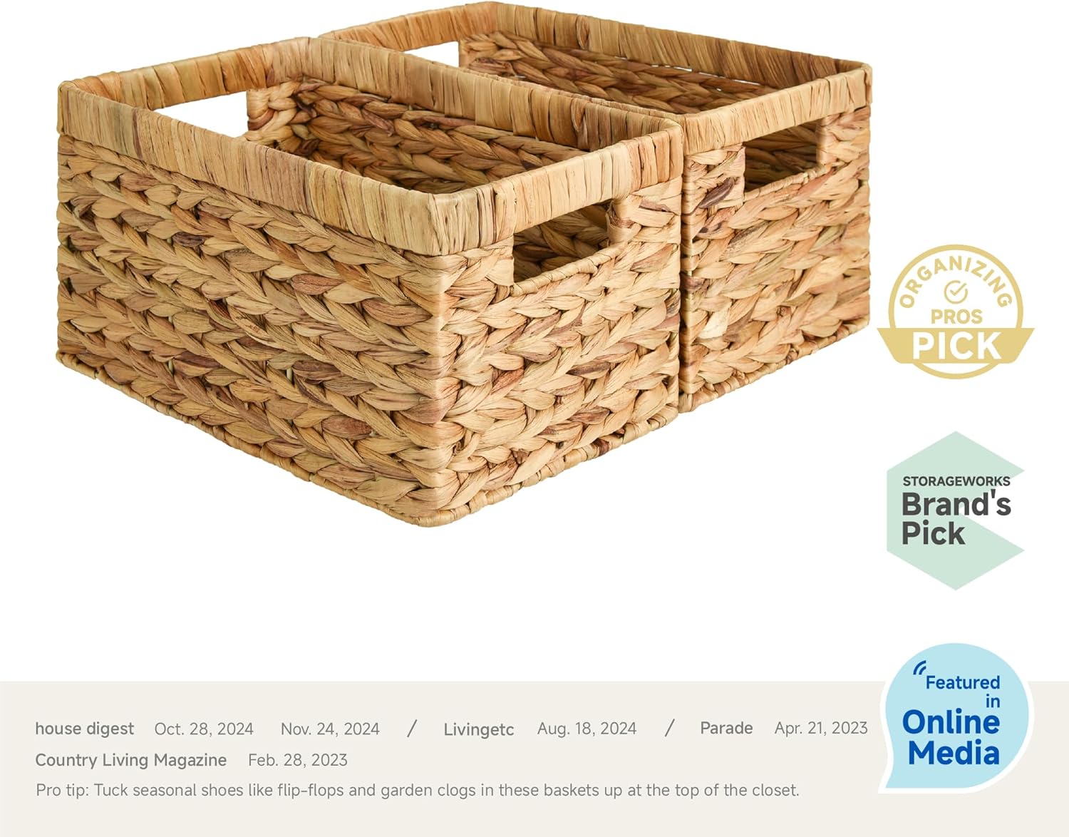 StorageWorks Wicker Basket, Baskets for Organizing, Storage Basket with Built-in Handles, Water