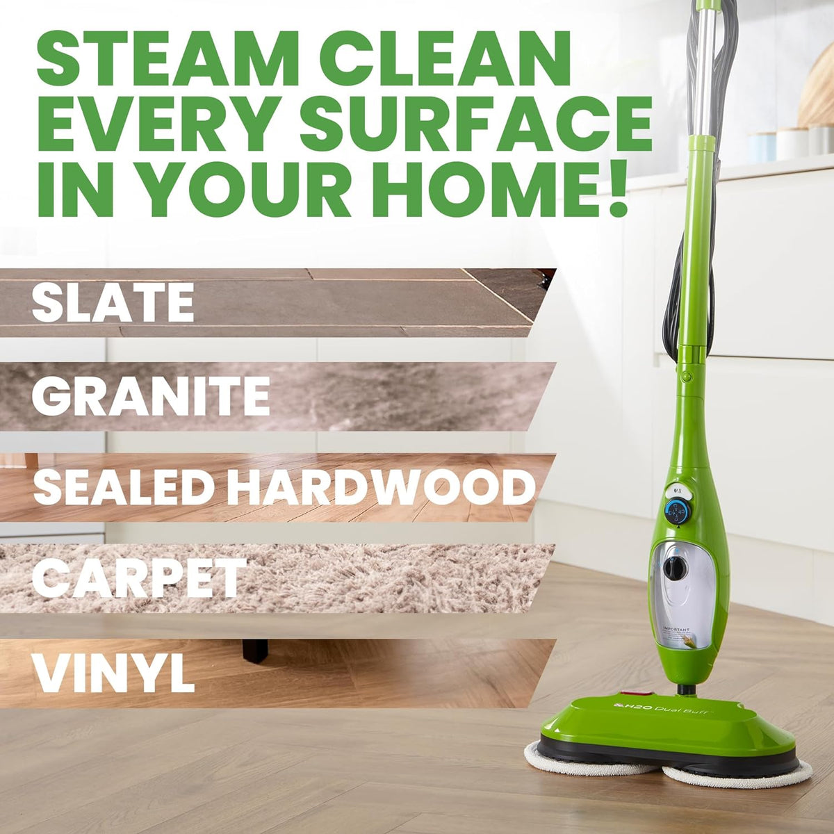 H2O X5 Dual Buff Steam Mop, 8 in 1 Handheld Steam Cleaner For Kitchen Tile Floors, Hardwood Floors