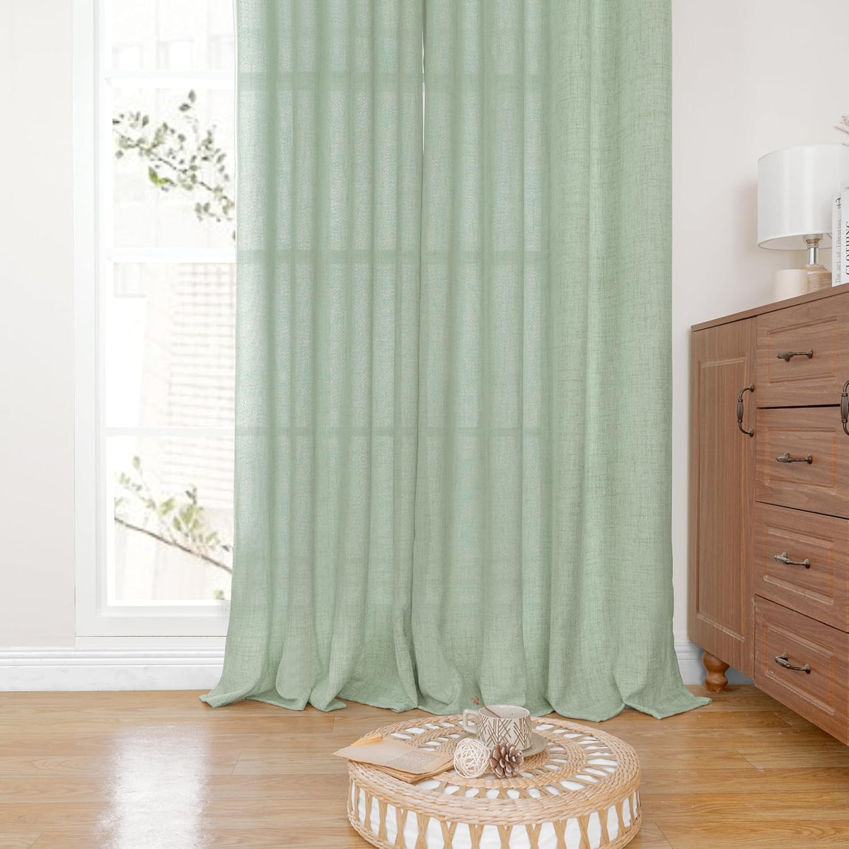 YoungsTex Sage Green Linen Curtains 63 Inch Length for Short Living Room, Semi Sheer Window Drapes