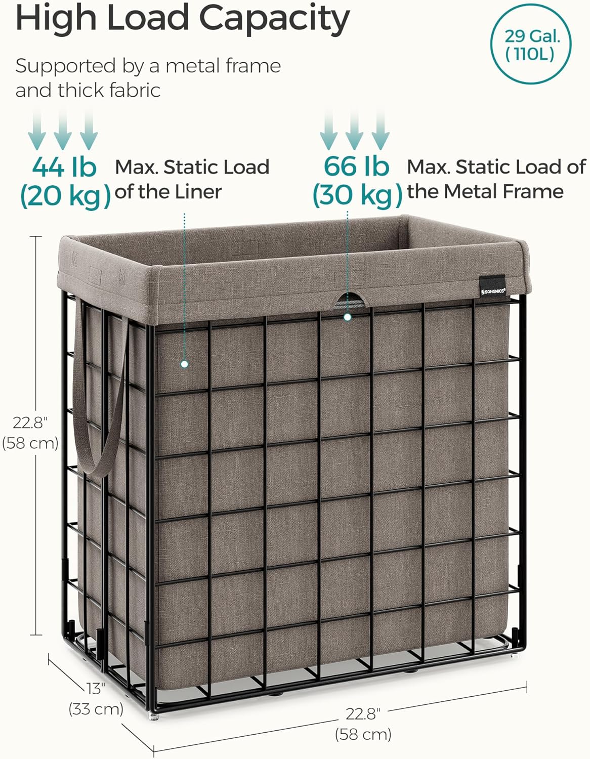SONGMICS Laundry Hamper, 29 Gal. (110L) Laundry Basket, Collapsible Clothes Hamper, Removable and