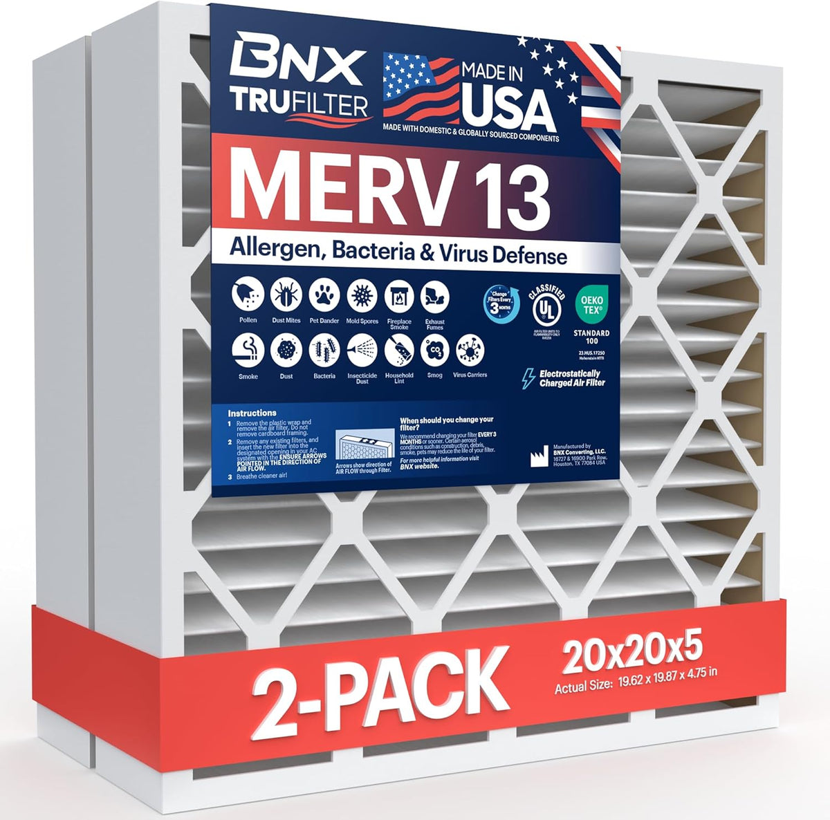 BNX TruFilter 20x20x5 (19.88’’ x 19.88’’ x 4.38‘’ Honeywell Compatible 4”) MERV 13 Air Filter