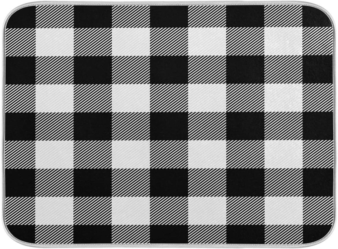 White and Black Buffalo Plaid Dish Drying Mat 16x18 for Kitchen Classic Buffalo Check Dishes Pad