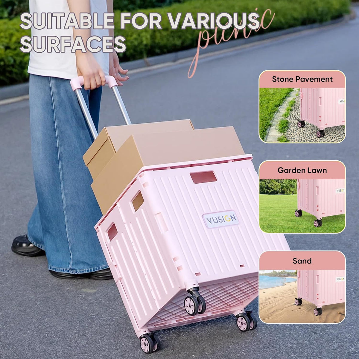 VUSIGN Folding Utility Cart, Foldable Rolling Crate Handcart with Lid, Portable Collapsible