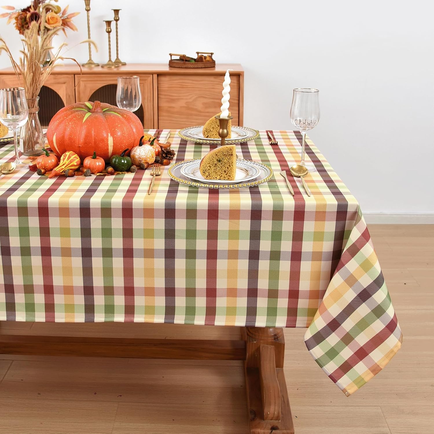 Waterproof Gingham Festive Tablecloth Fabric - Oblong 52x70 Inch Classic Buffalo Tartan Holiday