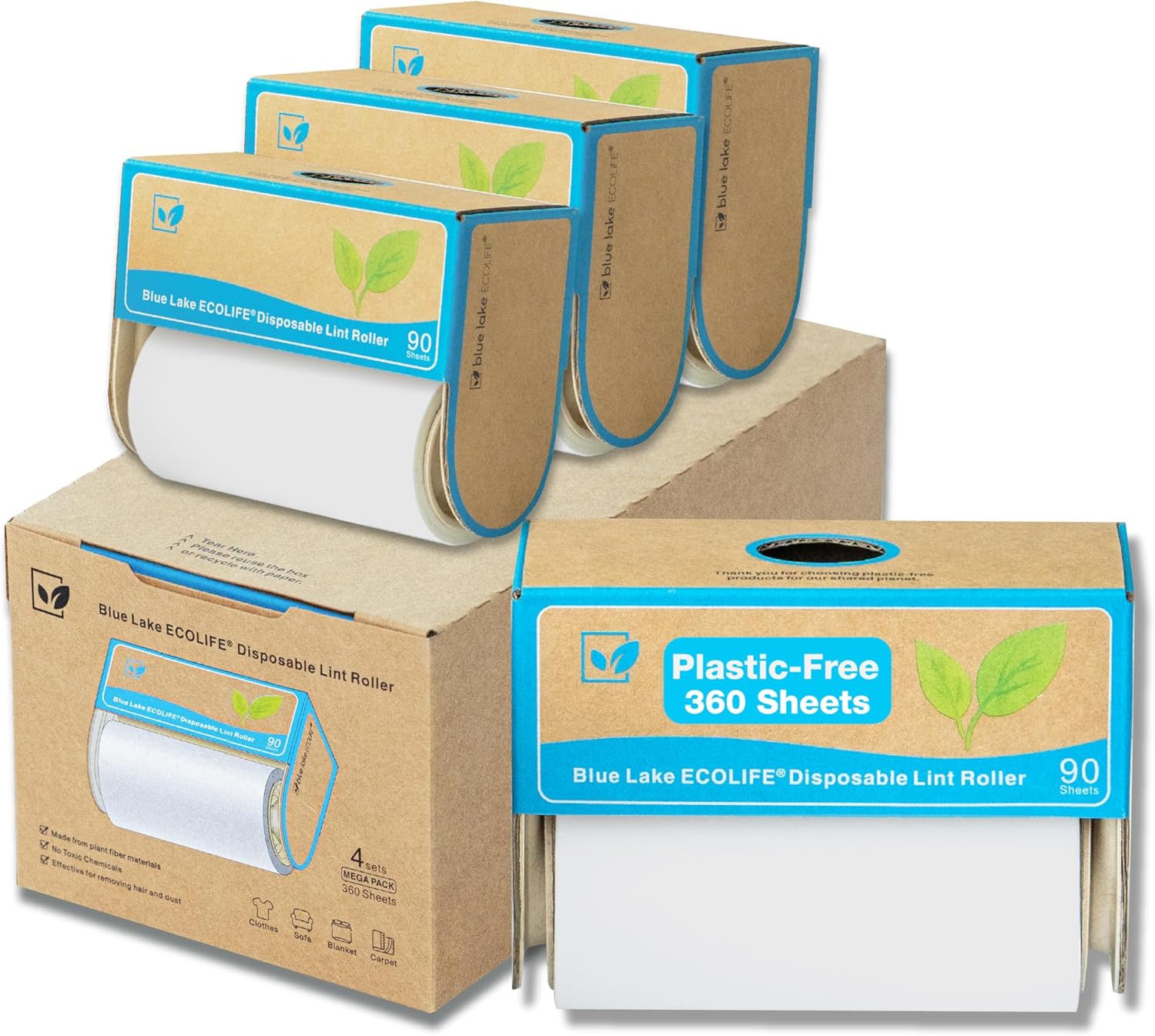 Blue Lake ECOLIFE Plastic-Free Lint Roller – 4-Pack (360 Sheets) | Extra Sticky & Eco-Lint Remover|
