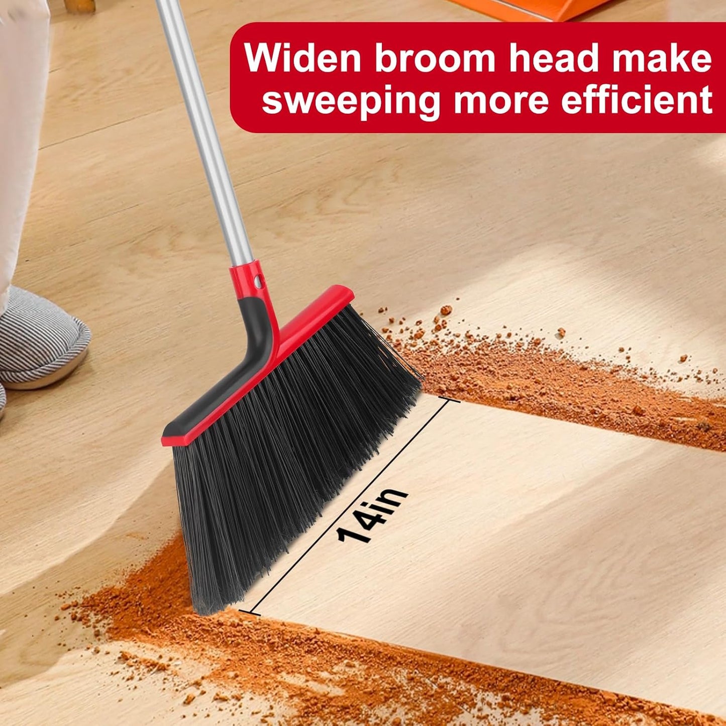 Angle Broom with 58″ Long Handle – 14″ Wide Stiff Bristles for Indoor & Outdoor Sweeping, Garage
