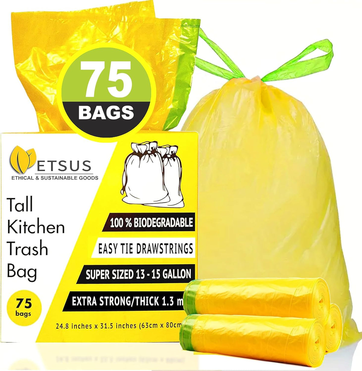 13 Gallon Biodegradable Trash Bags with Drawstrings, 75 Count Plant Based, Code Q Tall Kitchen