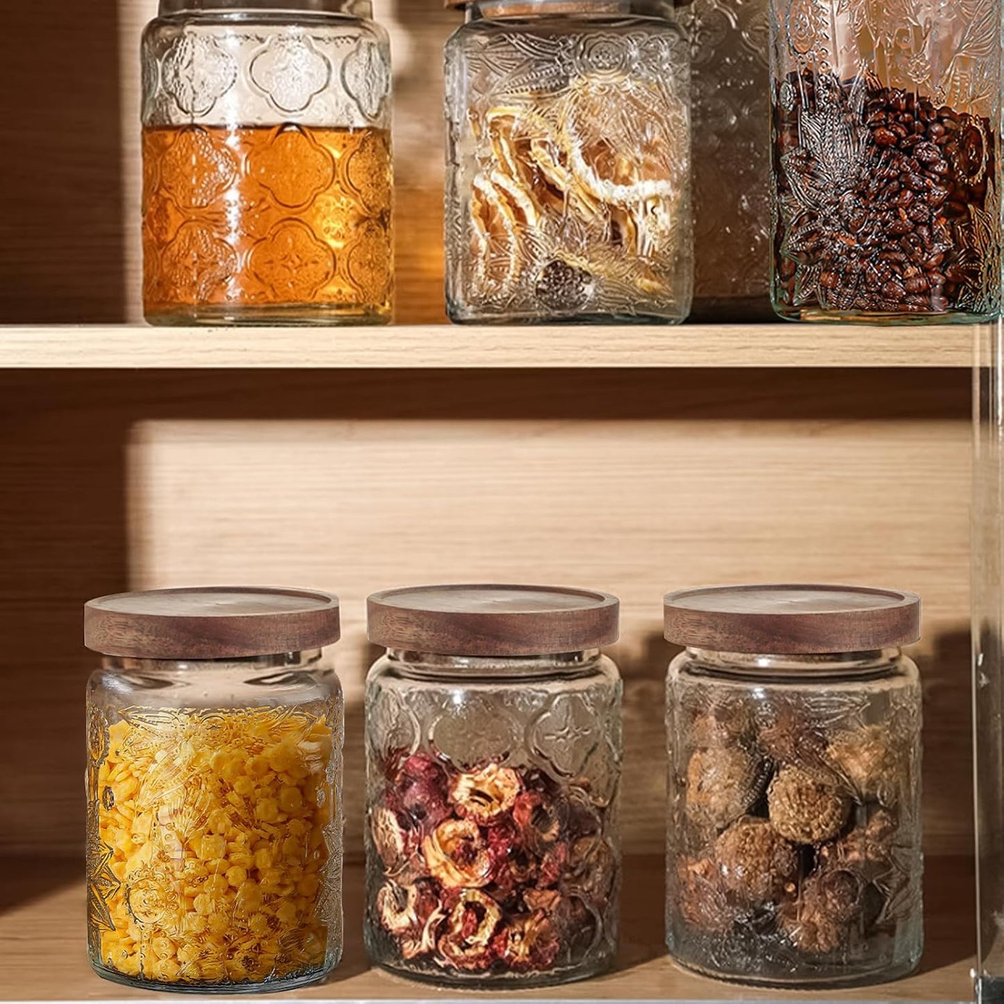 24 OZ/4 PCS Glass Storage Jar with Airtight Bamboo Wooden Lids, Vintage Food Containers Canisters