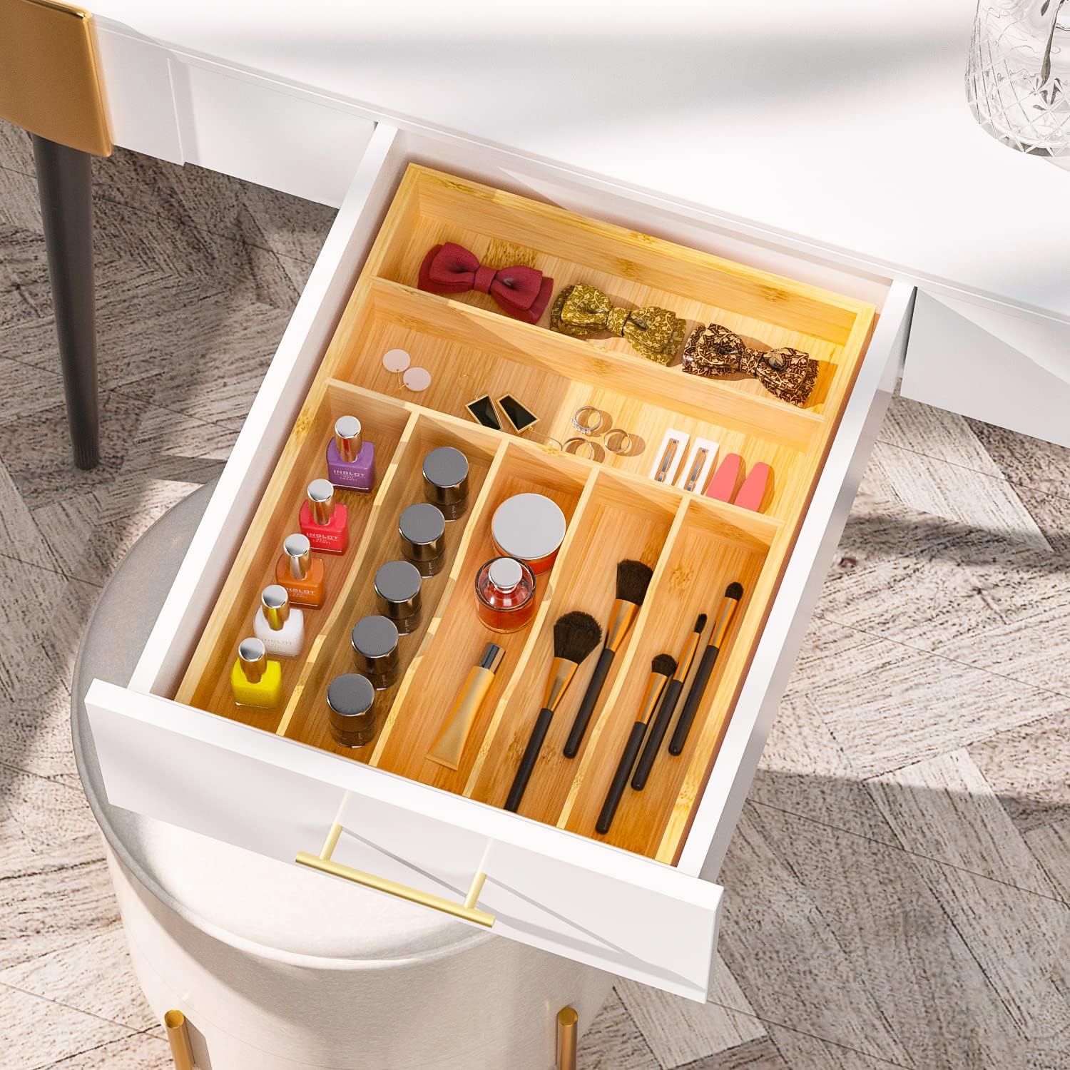 Flatware Organizer Silverware Drawer Organizer - 7 Slots Bamboo Cutlery Tray Multipurpose kitchen
