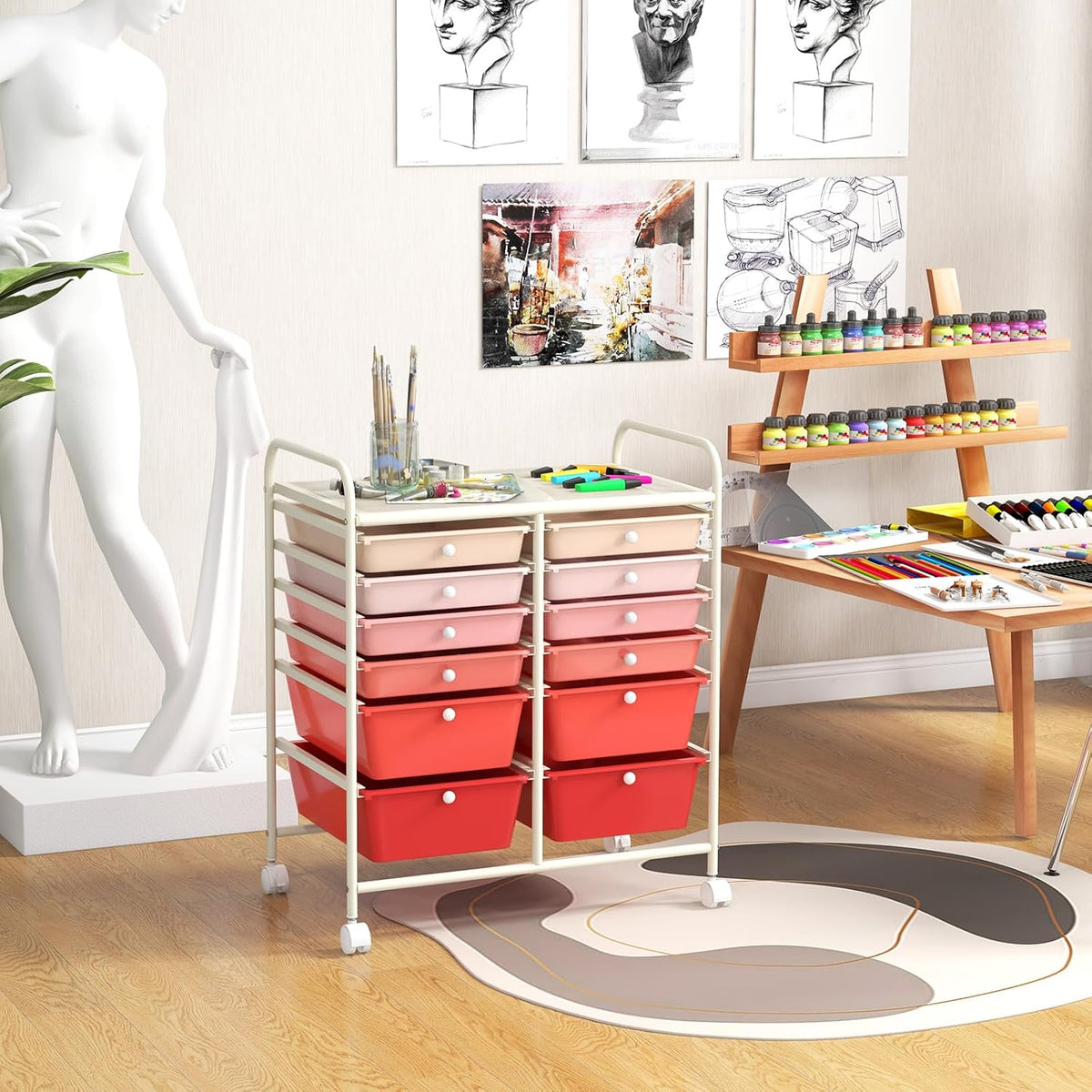 GOFLAME 12-Drawer Rolling Storage Cart, Multipurpose Organizer Cart with 2 Sizes Plastic Drawers