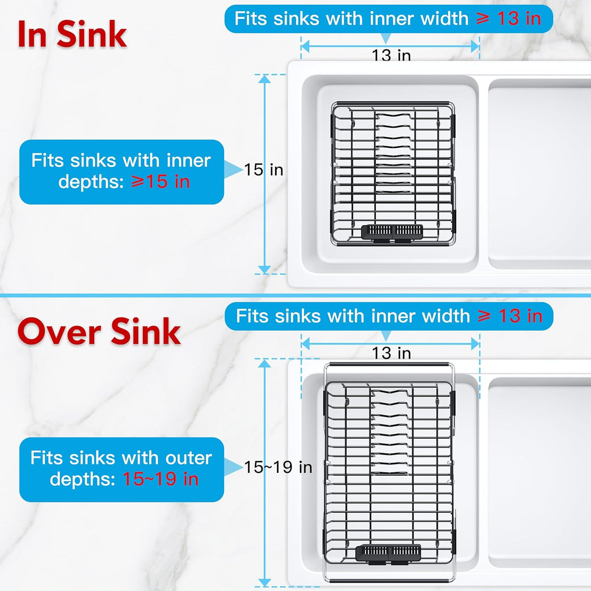 JASIWAY in Sink Dish Drying Rack, Expandable Stainless Steel Dish Drainers for Kitchen Sink, Over
