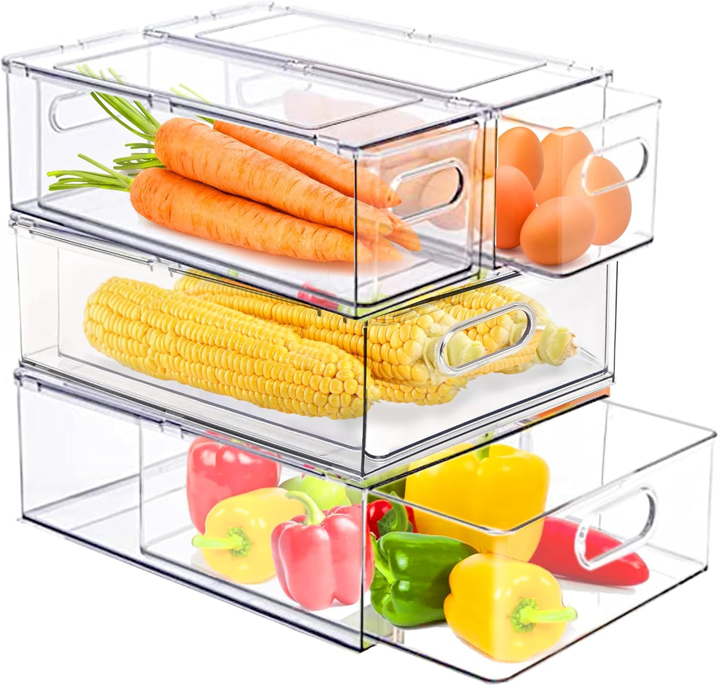4 Pack Clear Storage Drawer Set, Stackable Fridge Drawer Organizer Fruit Vegetable Storage