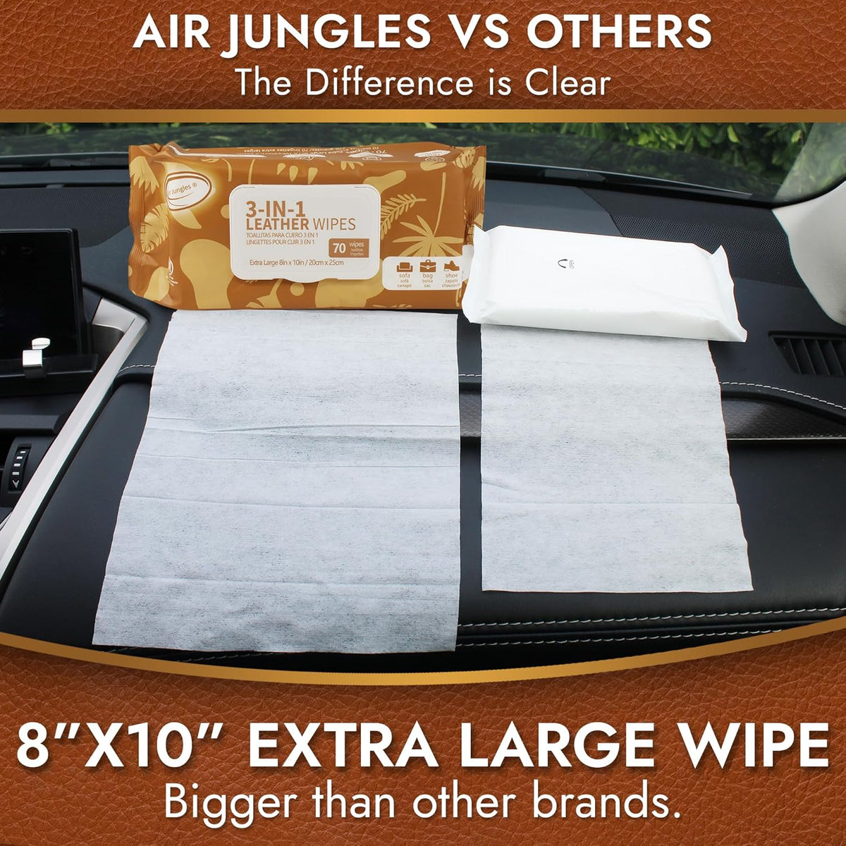 Air Jungles 3in1 Leather Wipes 140 Count, Extra Large 8" x 10" Size, Clean Condition Protect Wipes