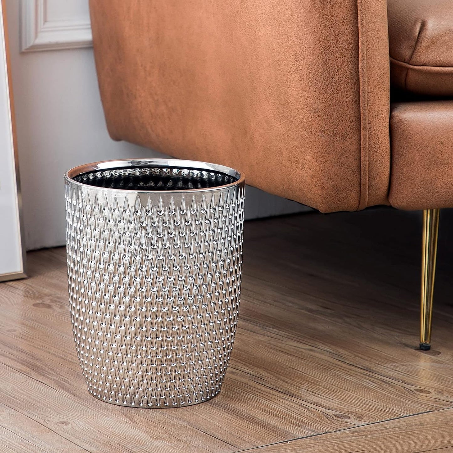 Modern Round Silver Small Trash Can Wastebasket, Garbage Container Bin for Bathrooms, Powder Rooms