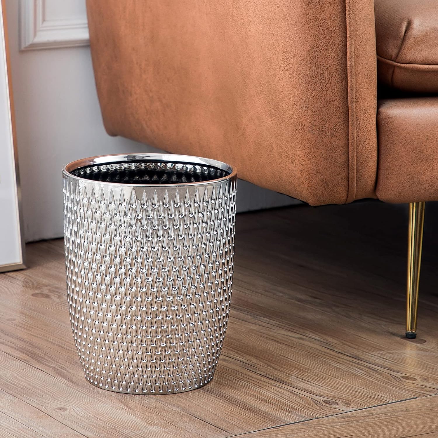 Modern Round Silver Small Trash Can Wastebasket, Garbage Container Bin for Bathrooms, Powder Rooms