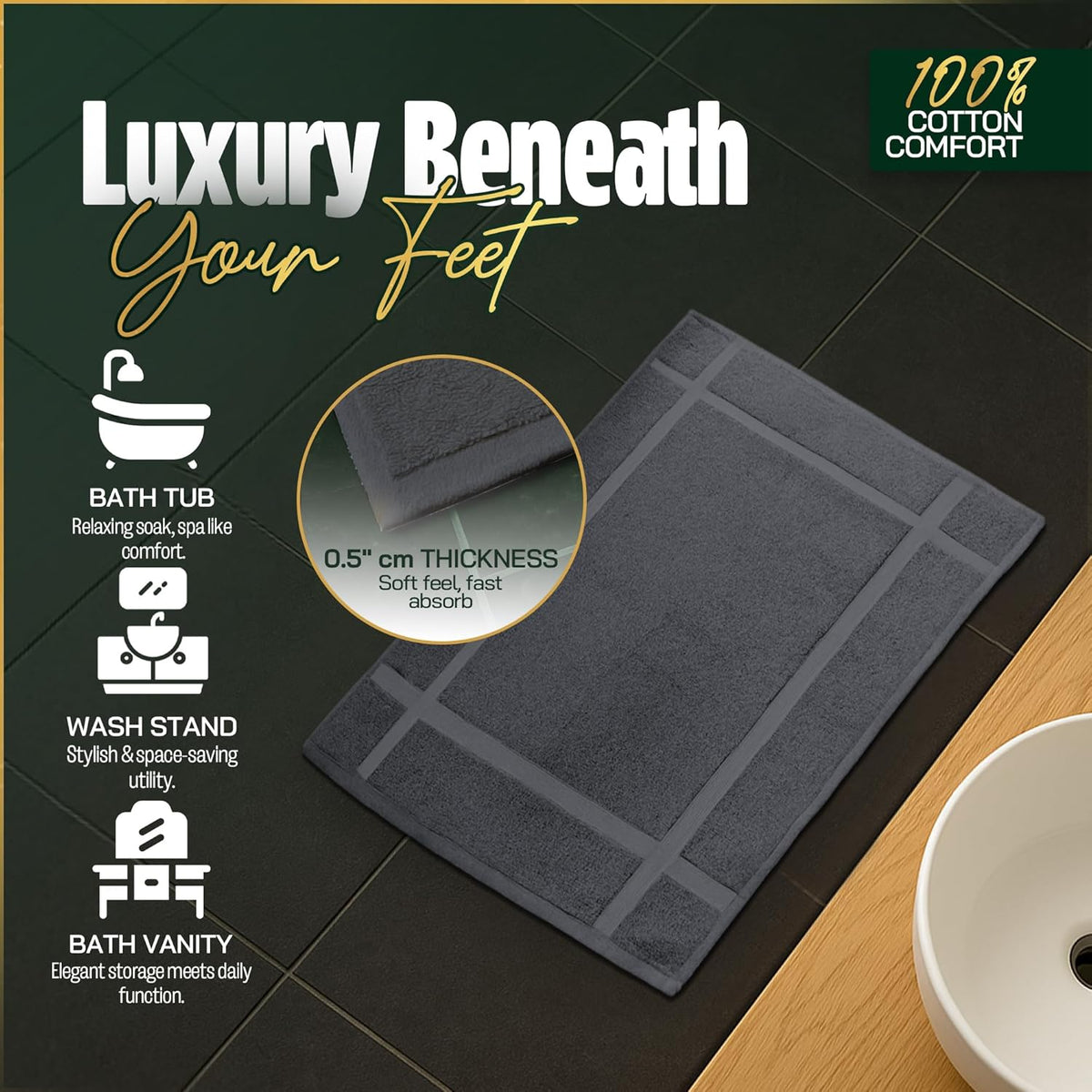 Pearl Linens Pack of 6 Washable Cotton Bath Mat 18x25 - Soft & Absorbent Quick Dry Bathroom Mat