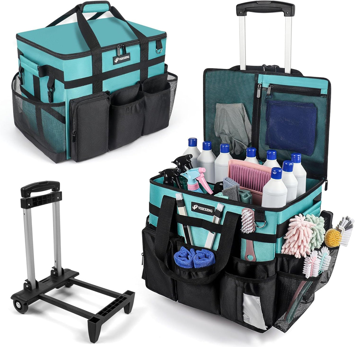 Rolling Cleaning Caddy Bag with Wheels, Large Cleaning Cart Detachable Trolley, Cleaning Bags for