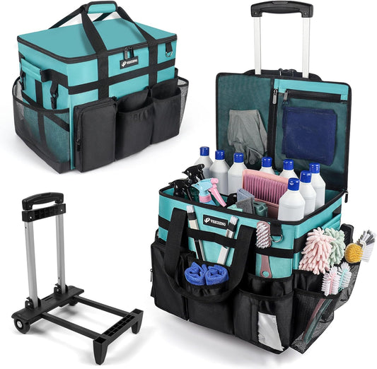 Rolling Cleaning Caddy Bag with Wheels, Large Cleaning Cart Detachable Trolley, Cleaning Bags for