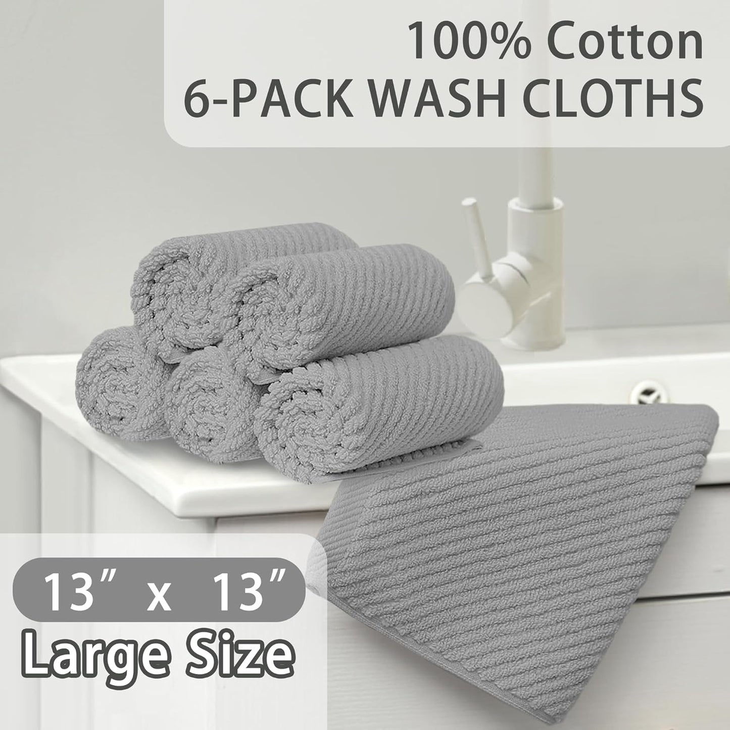VOOVA & MOVAS Grey Washcloths 6PC (13"x13") - 100% Cotton | Lightweight | Thick | Quick Dry | Soft