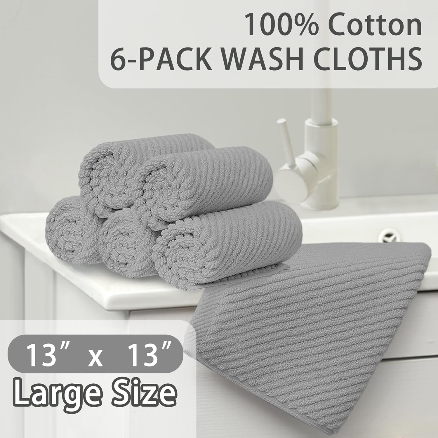 VOOVA & MOVAS Grey Washcloths 6PC (13"x13") - 100% Cotton | Lightweight | Thick | Quick Dry | Soft