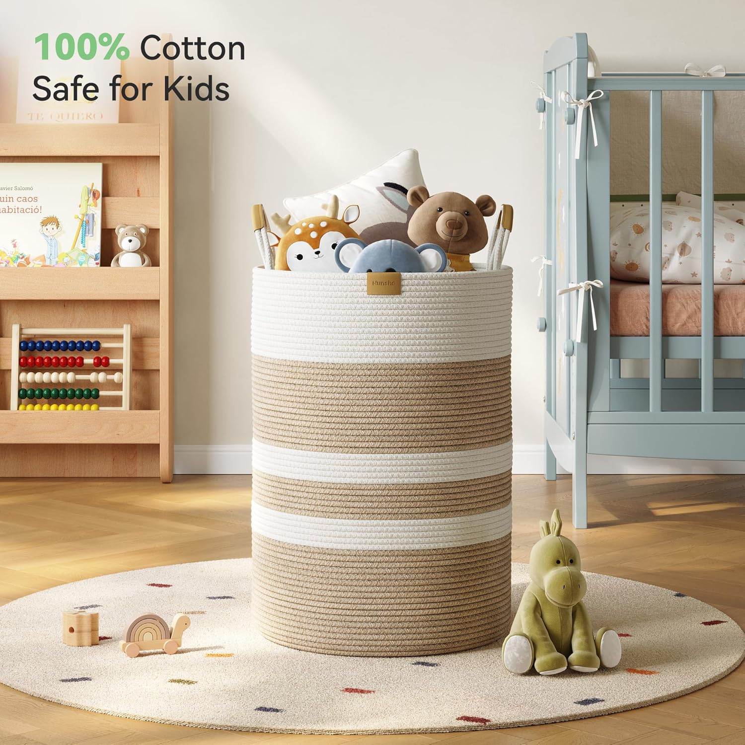 95L Striped Laundry Hamper with Leather Handles,Large Foldable Laundry Basket for Clothes,Cotton