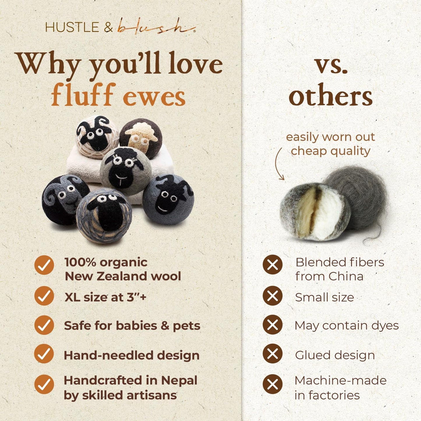 Fluff Ewes Wool Dryer Balls 6 Pack Premium New Zealand Wool Laundry Balls for Dryer, No Static