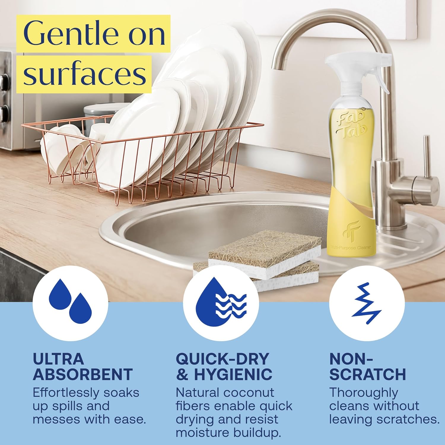 FabTab Coconut and Cellulose Sponges, Plant-Based, Non-Scratch Cleaning Sponges for Dishes, Sinks