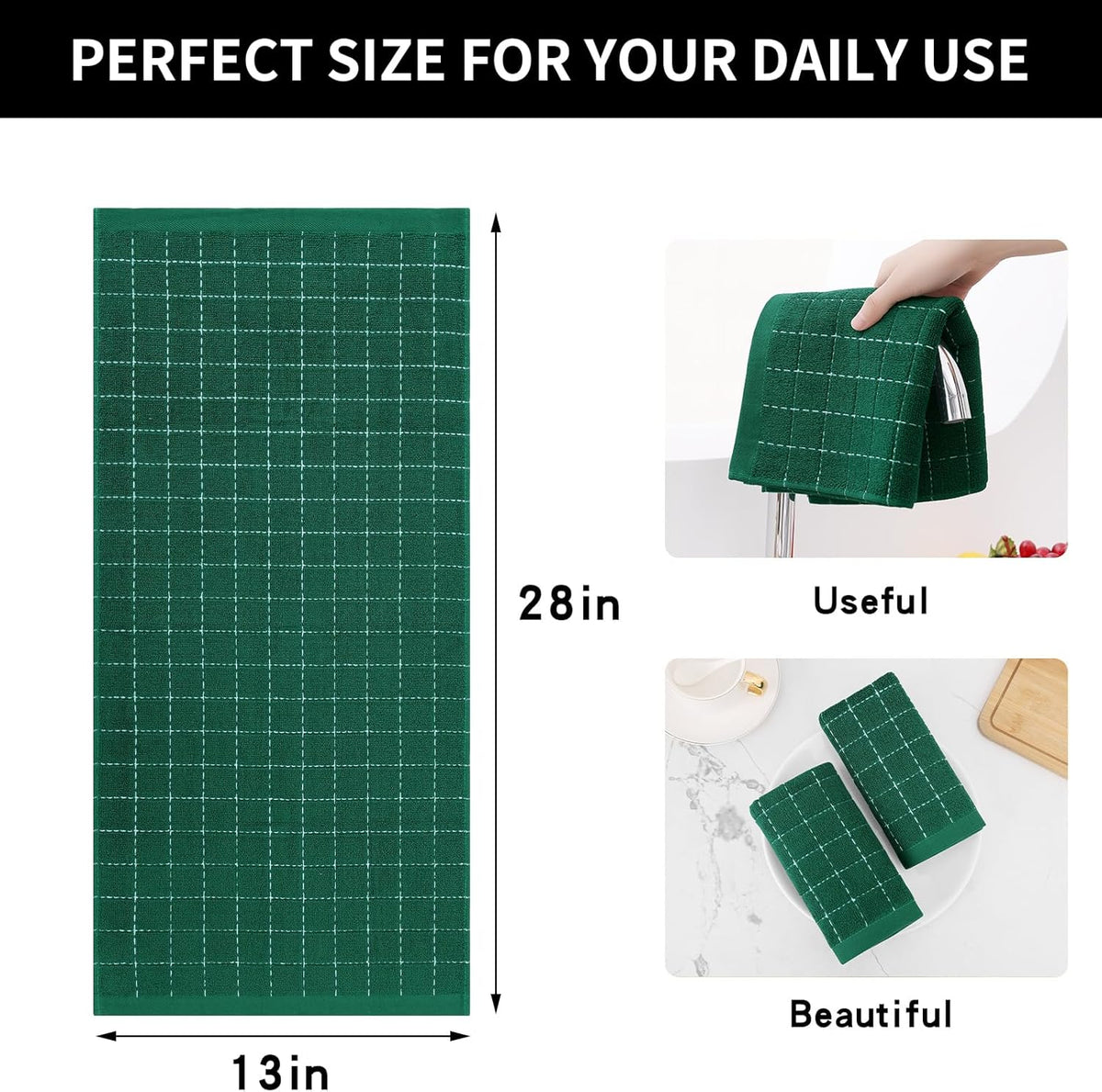 Homaxy 100% Cotton Terry Kitchen Towels(Dark Green, 13 x 28 inches), Checkered Designed, Soft and