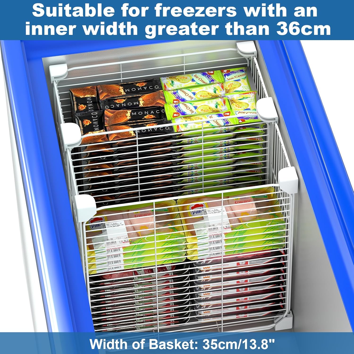 Deep Freezer Organizer Bin 13.8"x13.8"x13.8", Vertical Sides Wire Freezer Baskets with Adjustable
