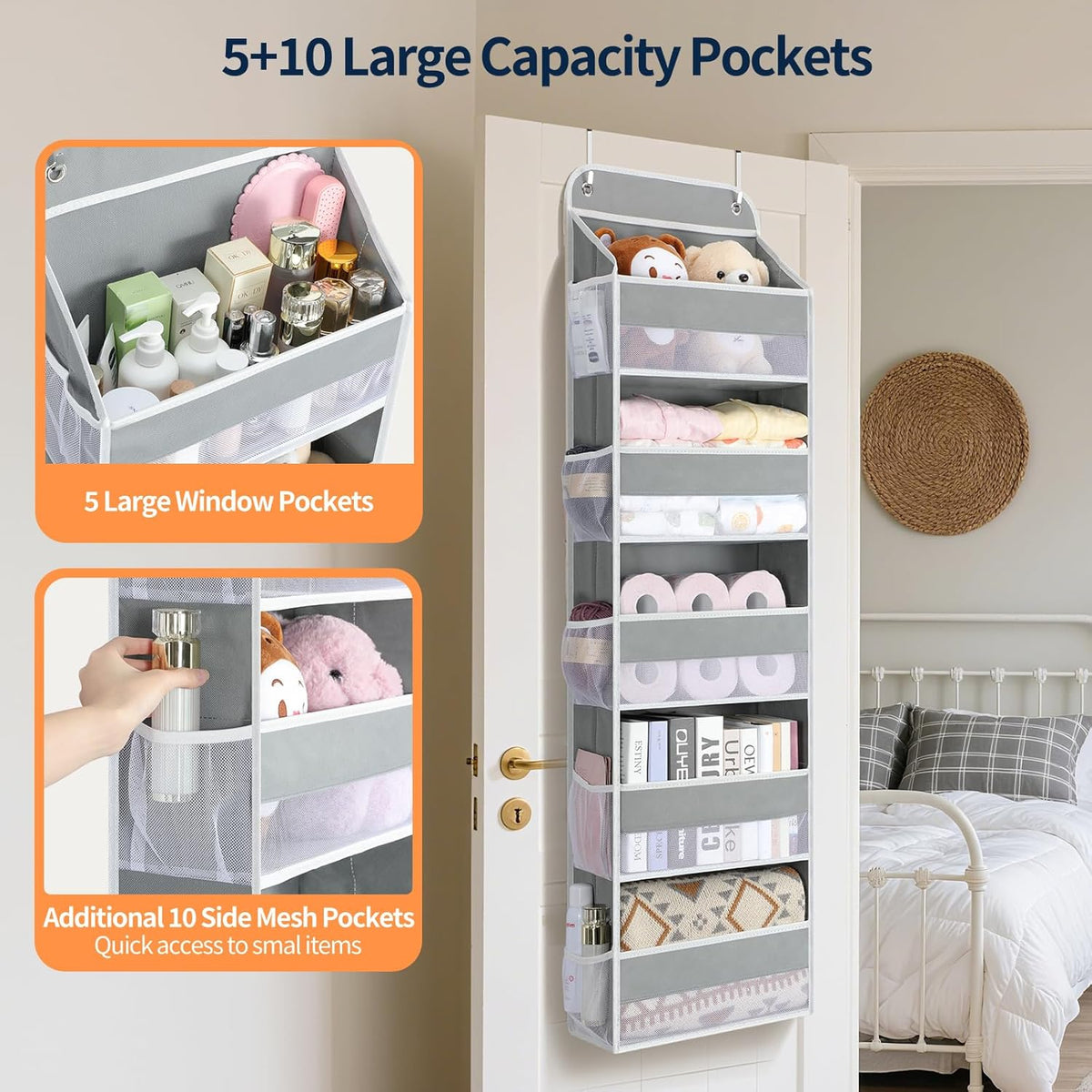Yecaye Over The Door Organizer Storage, 5-Tier Heavy Duty Door Organizers Hanging with 10 Side Mesh