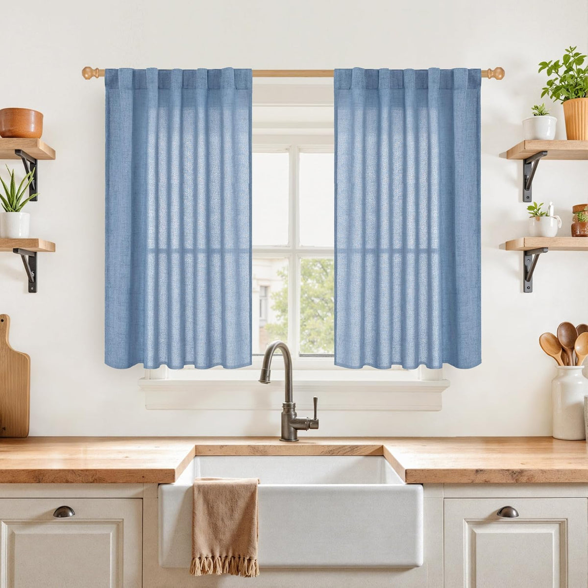 YoungsTex Denim Blue Short Linen Curtains 40 Inch Length for Kitchen Window, Semi Sheer Window