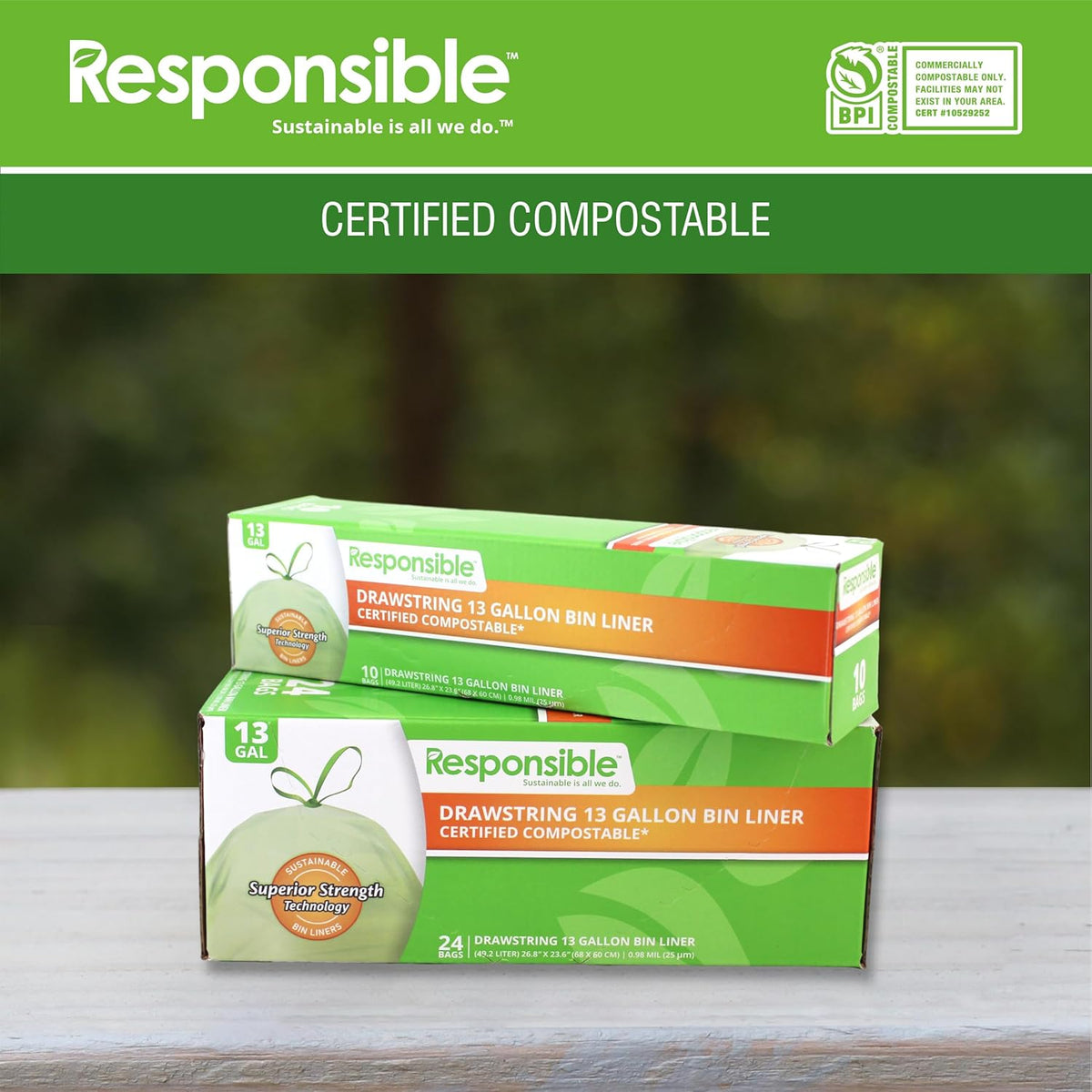 Responsible Products Kitchen Bin Liners, Certified Compostable, Heavy Duty Multipurpose Food Scrap