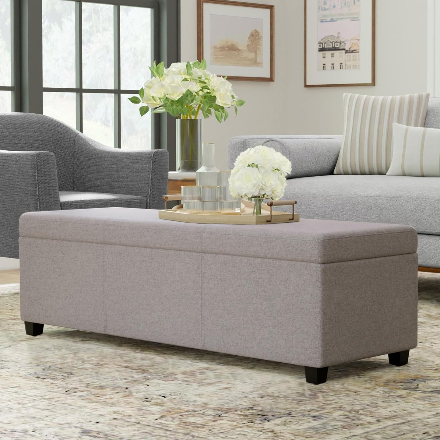 SIMPLIHOME Avalon 54 inch Wide Contemporary Rectangle Extra Large Storage Ottoman Bench in Cloud
