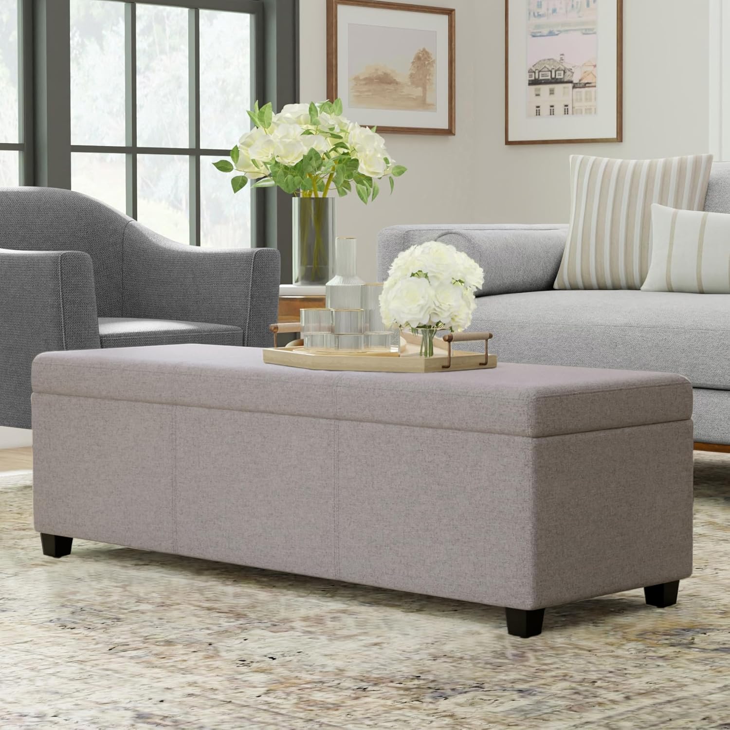 SIMPLIHOME Avalon 54 inch Wide Contemporary Rectangle Extra Large Storage Ottoman Bench in Cloud