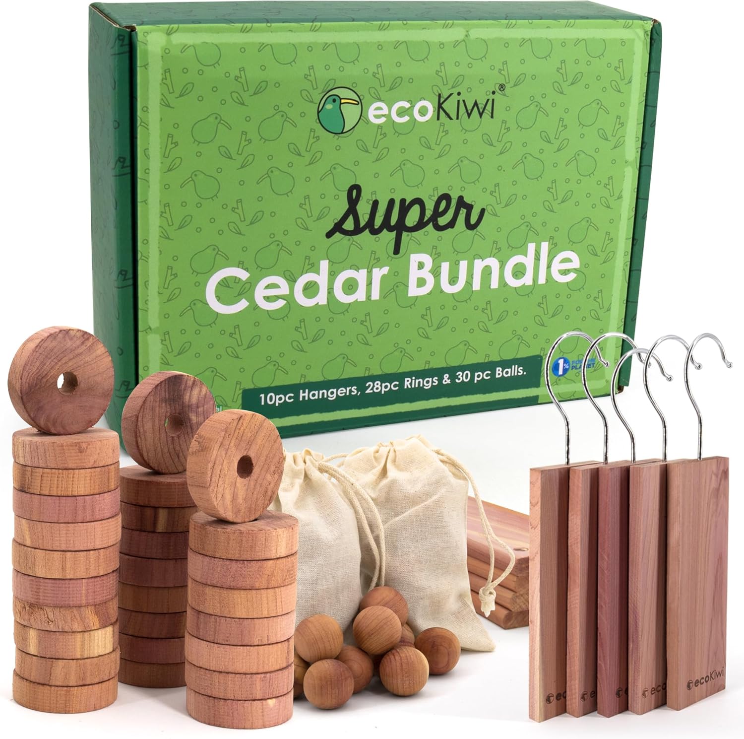 ecoKiwi Cedar Blocks for Clothes Storage Super Bundle Box - Cedar Hangers x10, Balls x30 & Rings