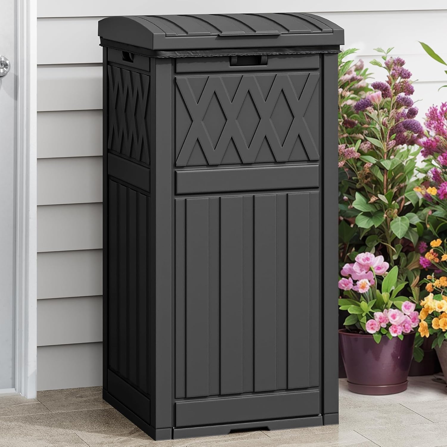 DWVO 36-Gallon Outdoor Trash Can with Fabric Bag, Tiered Lid & Drip Tray, Waterproof Resin Garbage