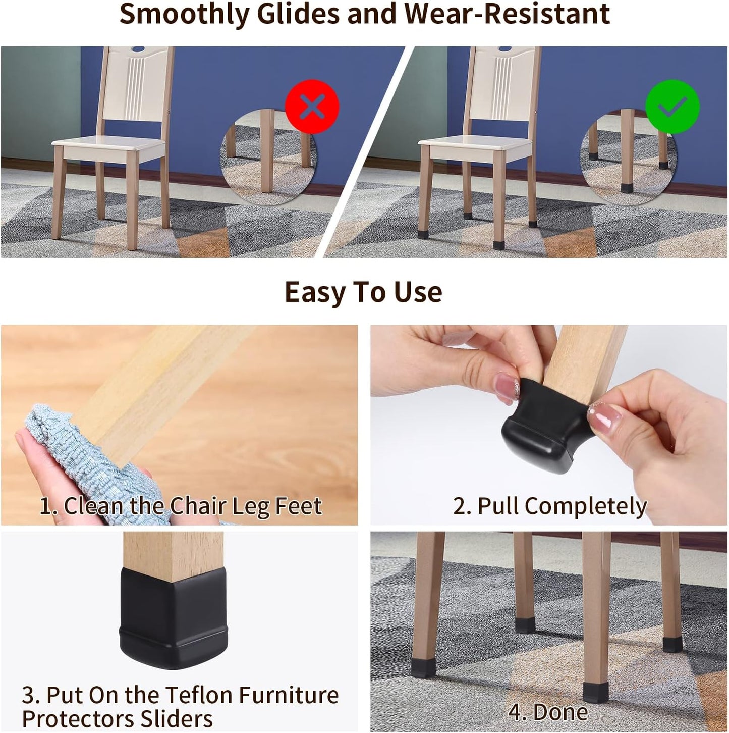 Ezprotekt 24 Pcs Chair Leg Sliders for Carpet, Square Black Chair Glides Teflon Furniture Pads, Bar