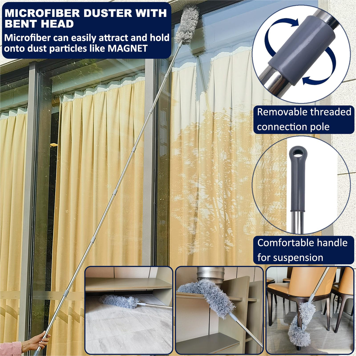 20+ Ft High Reach Ceiling Fan Duster & Cobweb & Corner Brush Duster with 3-14 ft Spliceable Pole