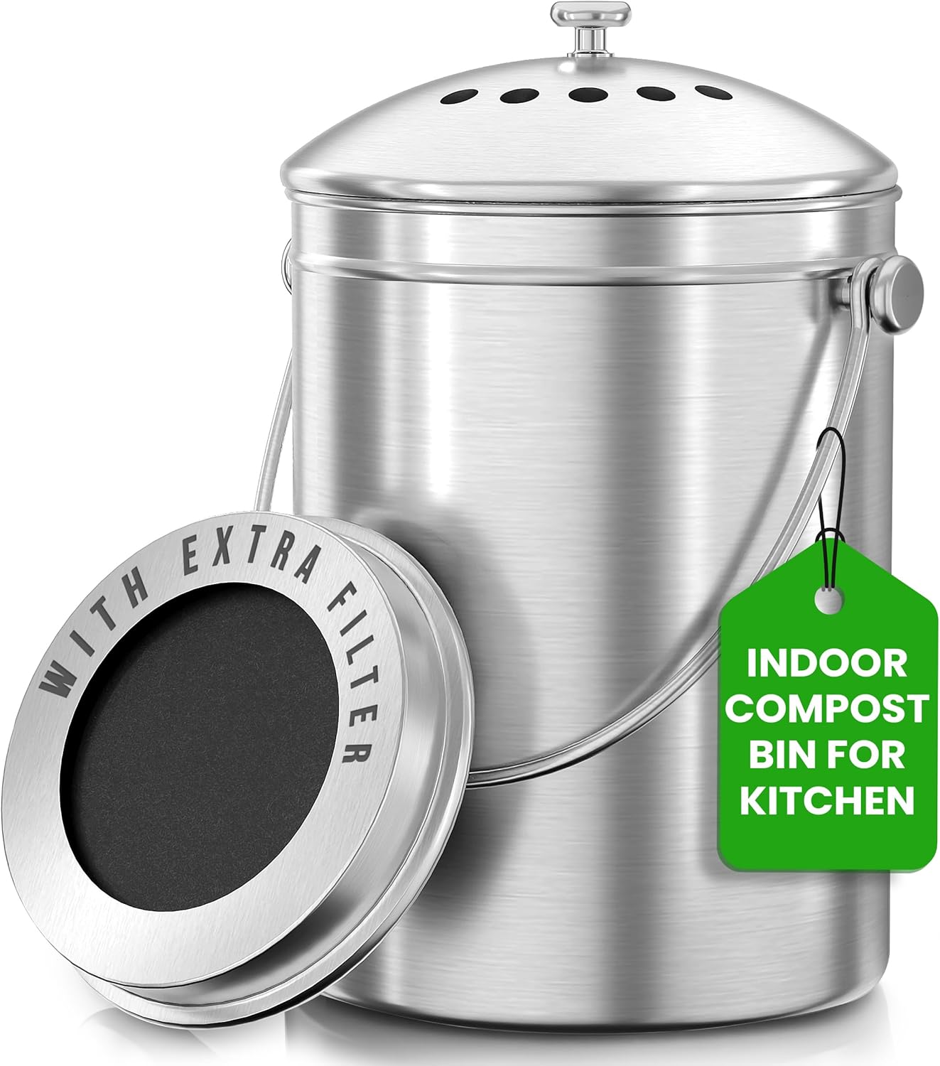Utopia Kitchen Indoor Compost Bin Kitchen, Odorless Composting with Charcoal Filter, 1.3 Gallon