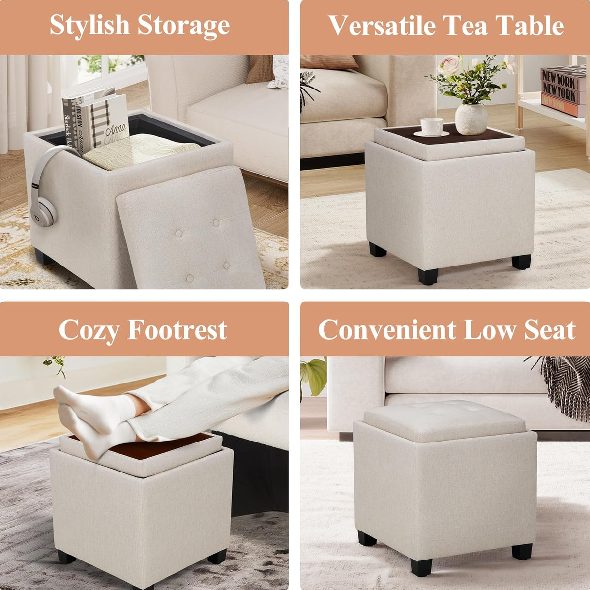 COLAMY Fabric Square Storage Ottoman with Reversible Tray Lid – Multi-Functional Footrest, Hidden