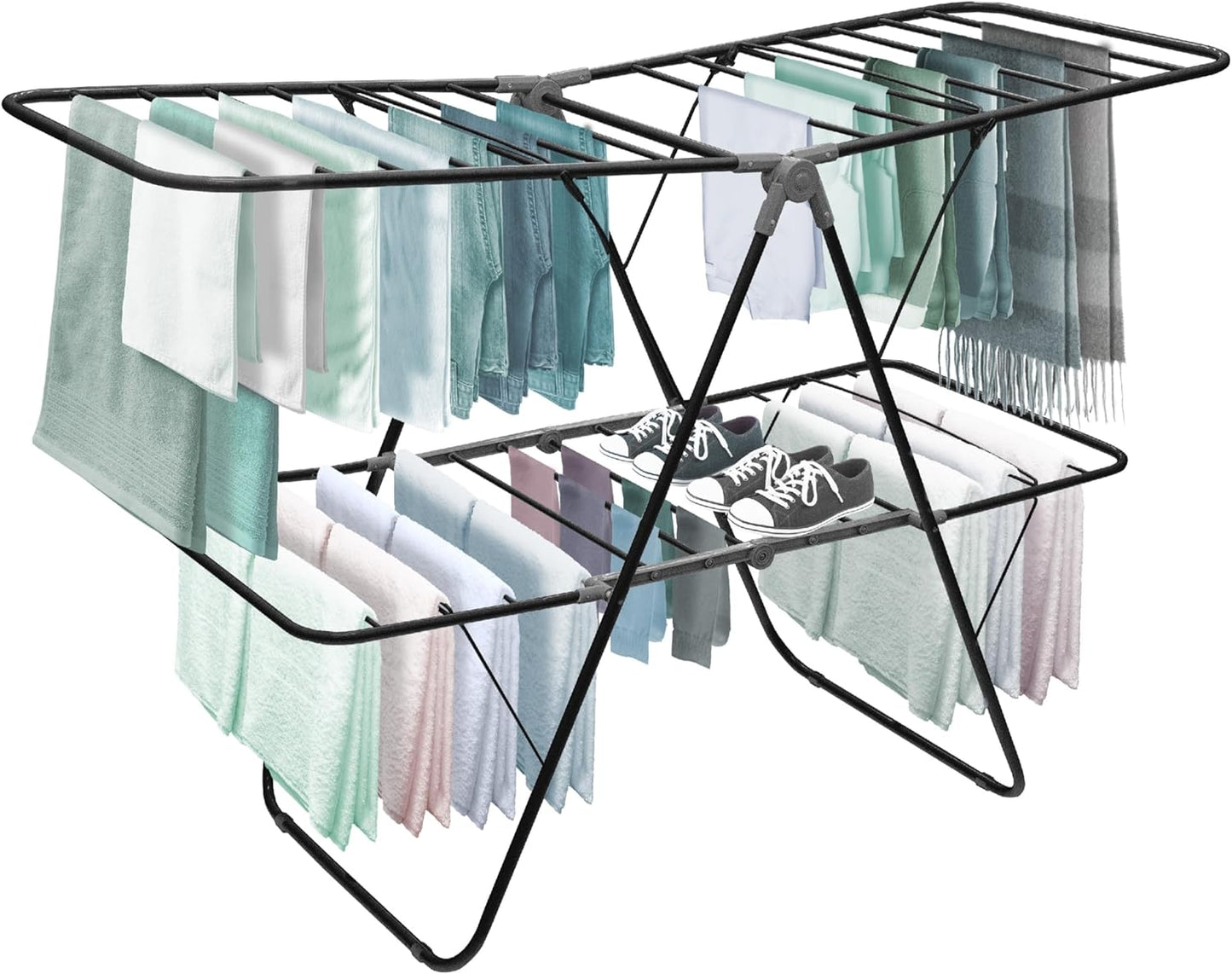 Brookstone 2 Tier Folding Rack – Indoor/Outdoor Collapsible Clothes Dryer Stand Laundry or Shoe
