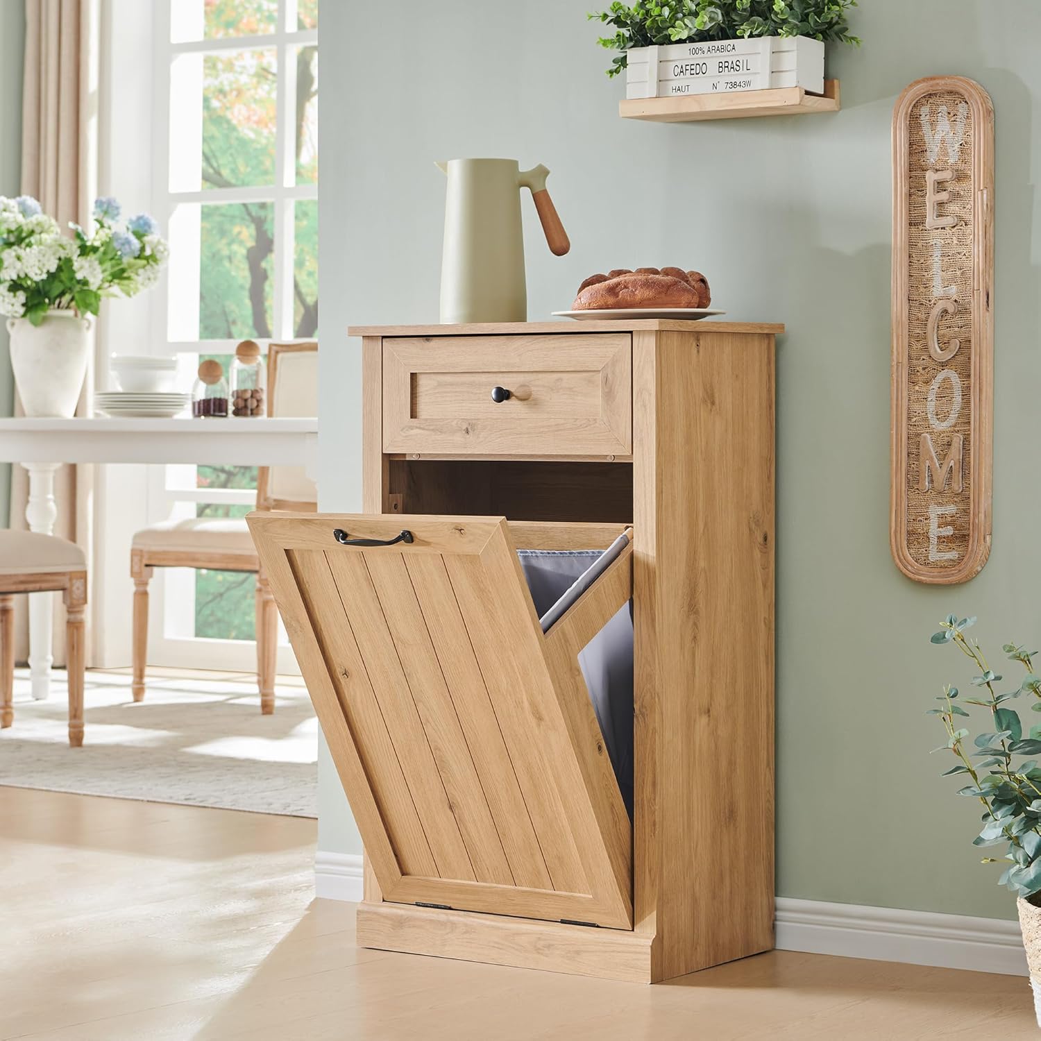 Tilt Out Laundry Hamper Cabinet, 10 Gallon Farmhouse Trash Can Cabinet with Drawer, Hidden Wood