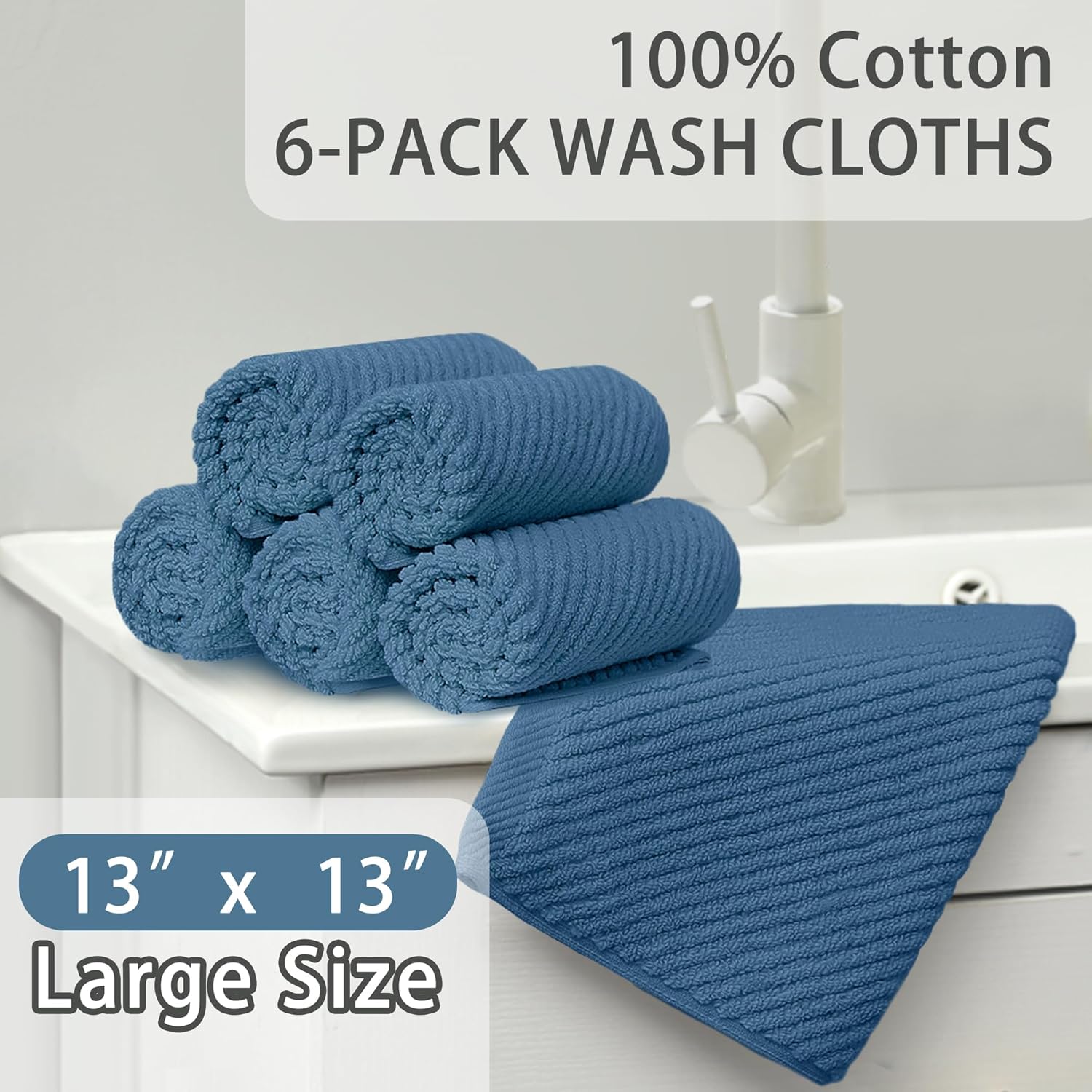 Blue Washcloths 6 Pack, 13"x13" - 100% Cotton | Lightweight | Thick | Quick Dry | Soft | Absorbent